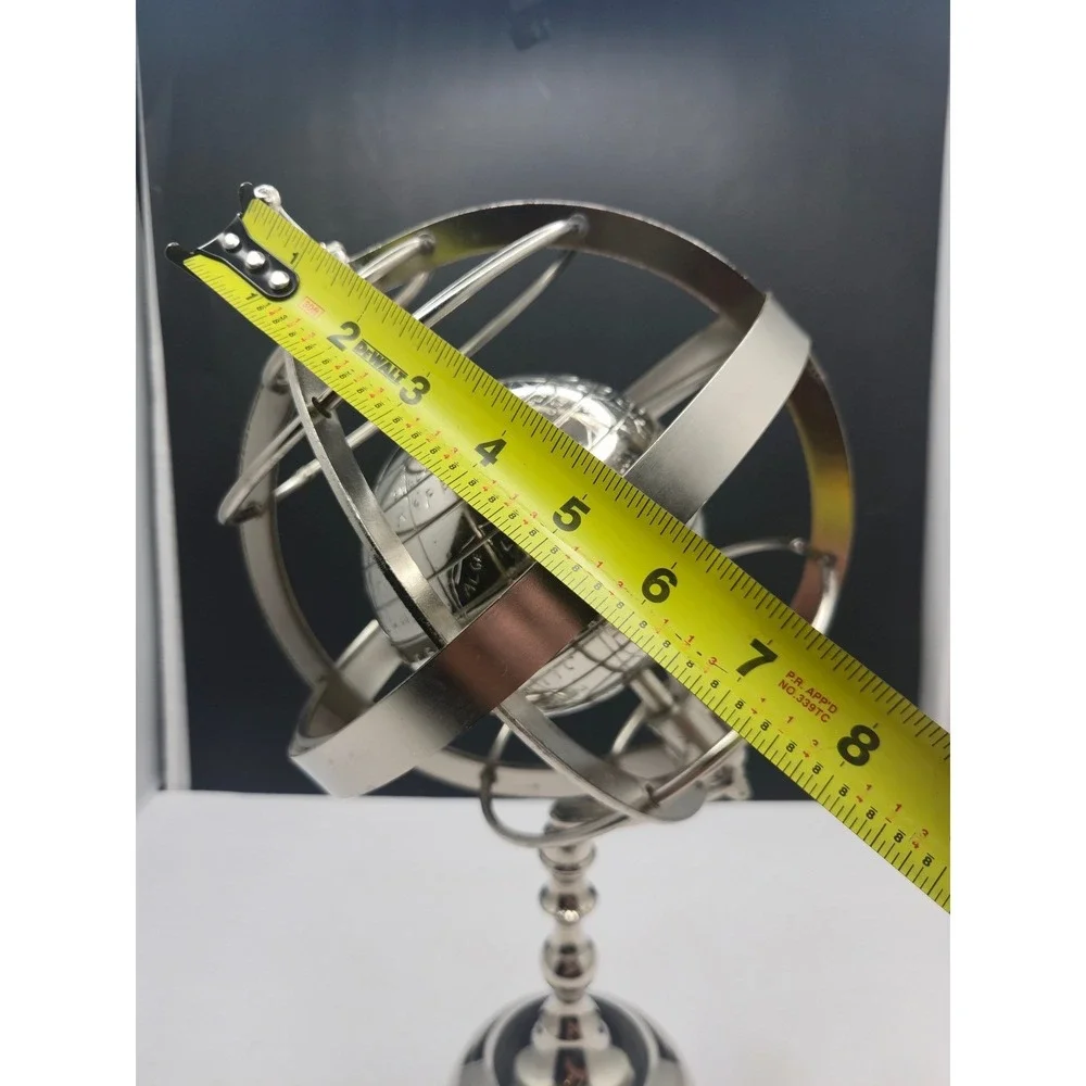 Silver Metal Armillary Sphere Globe Engraved Desktop Decor 13.5